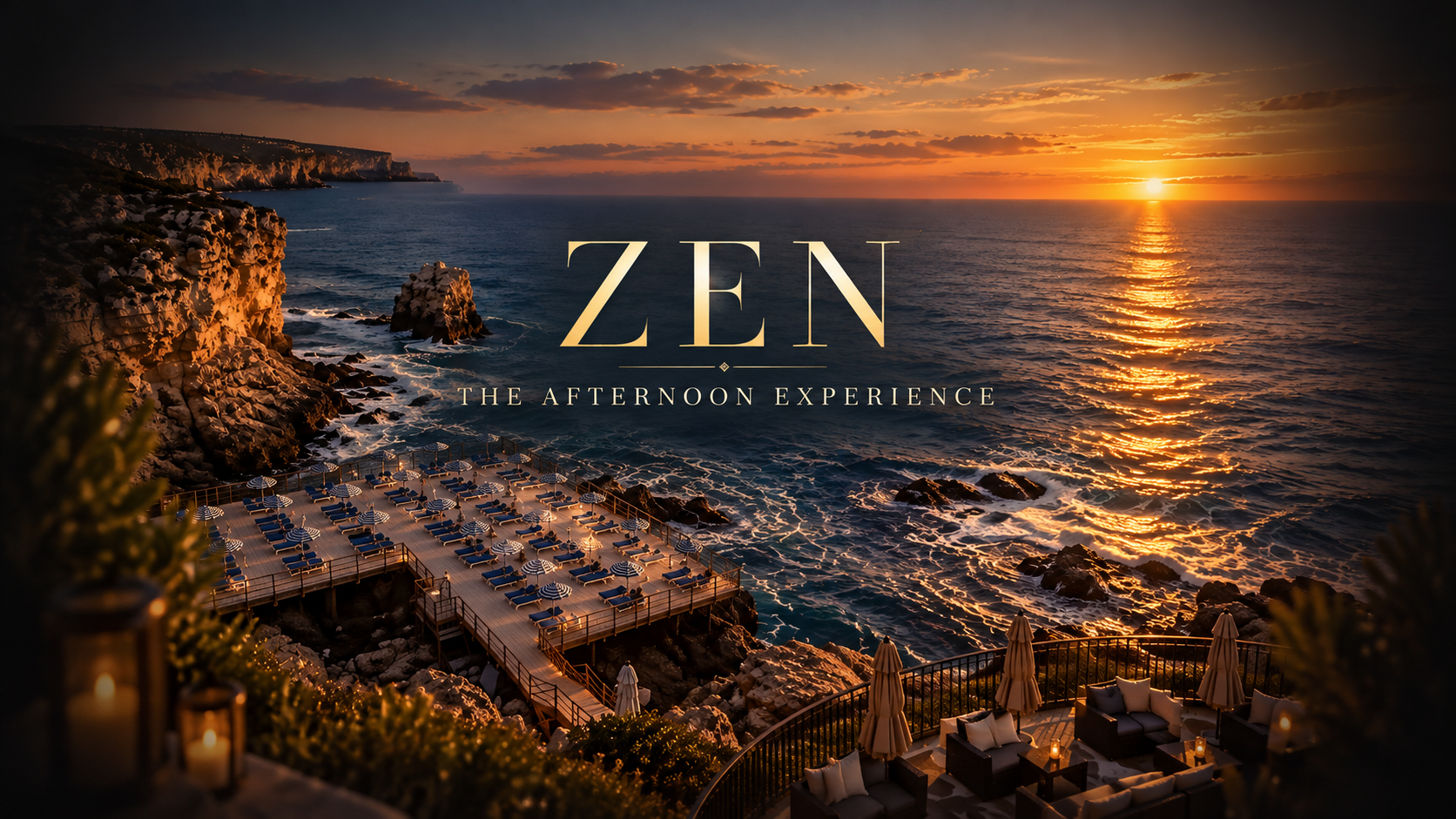 ZEN — The Afternoon Experience at SITF 2027. A Mediterranean coastal venue at sunset.