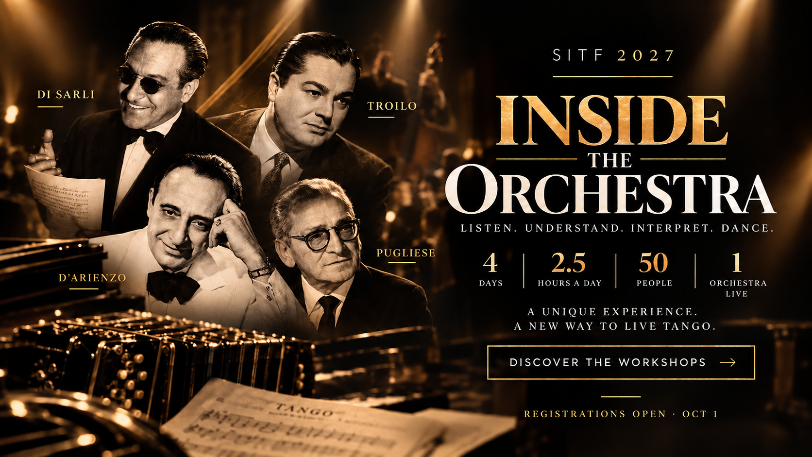 Inside the Orchestra — un'esperienza musicale immersiva di quattro giorni a SITF 2027. 50 partecipanti, 2,5 ore al giorno, con The Legend Orchestra dal vivo.