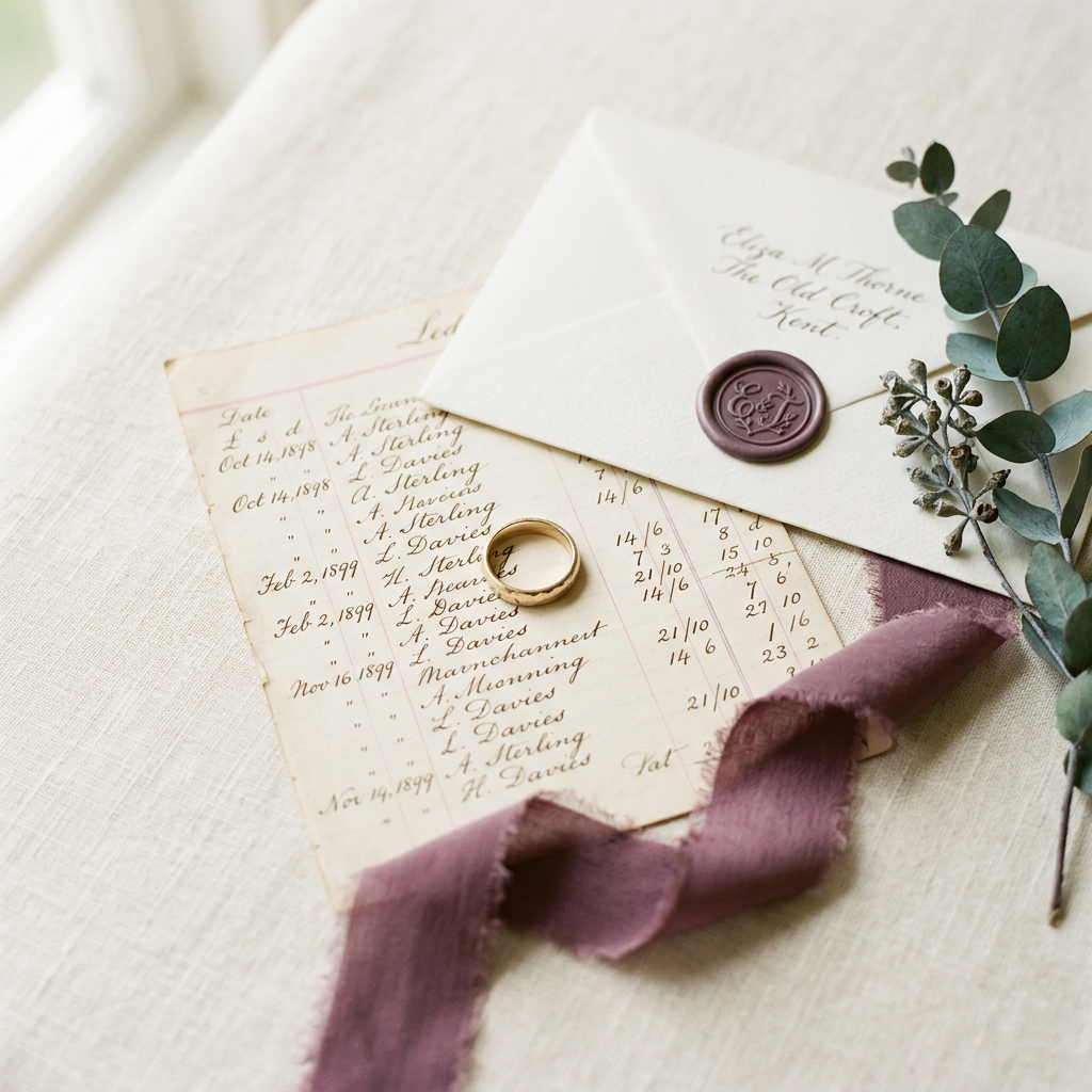 An elegant ivory and champagne-gold flat lay — a wedding band, a handwritten ledger, a wax-sealed envelope, and dried eucalyptus.