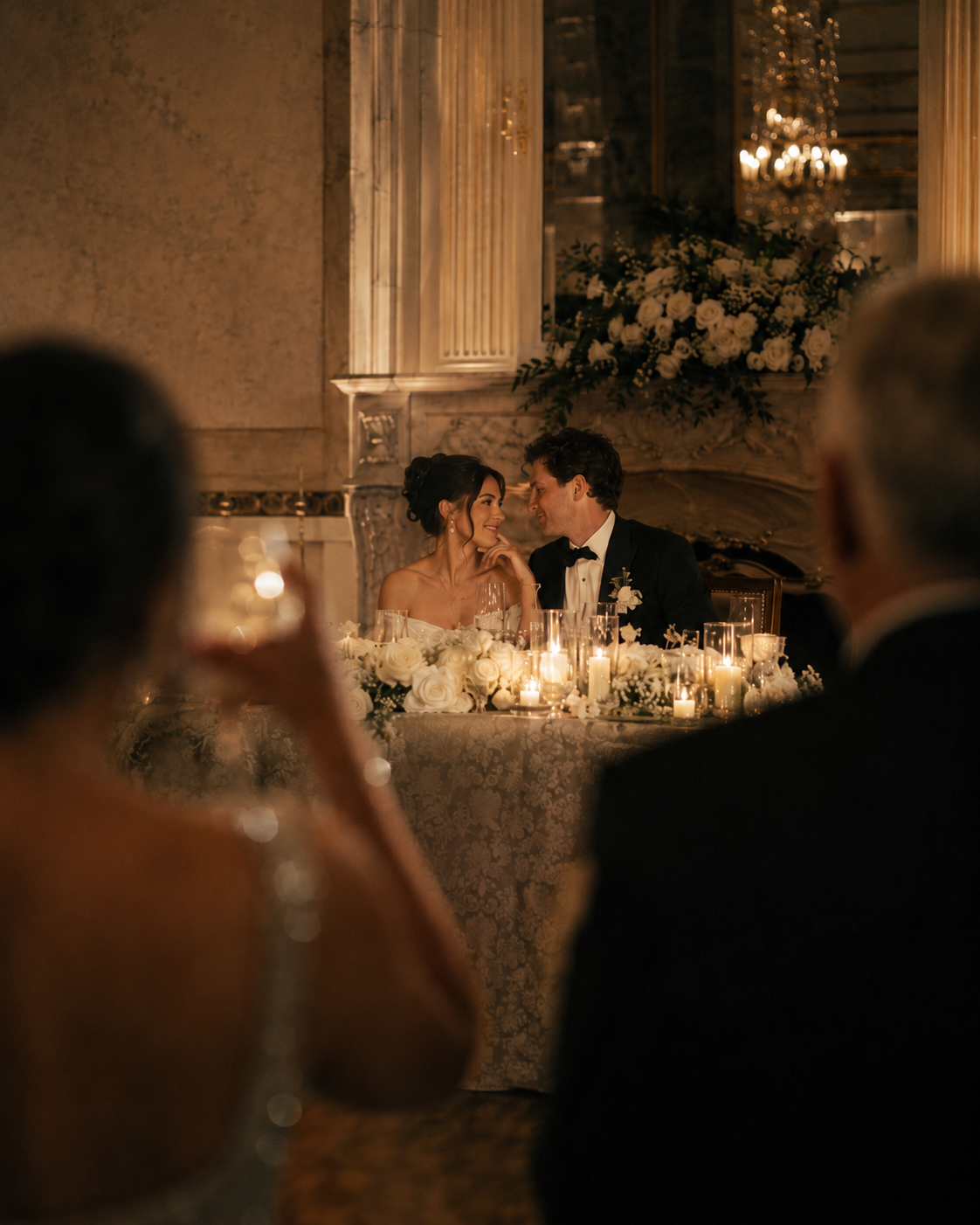 A bride and groom seated together at a candlelit wedding reception table with white florals