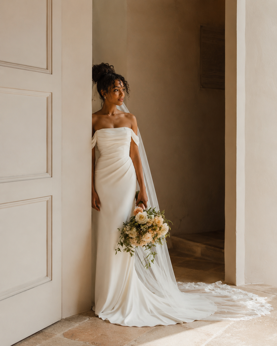 A bride in an off-the-shoulder gown holding a bouquet in a stone doorway, with a long lace veil
