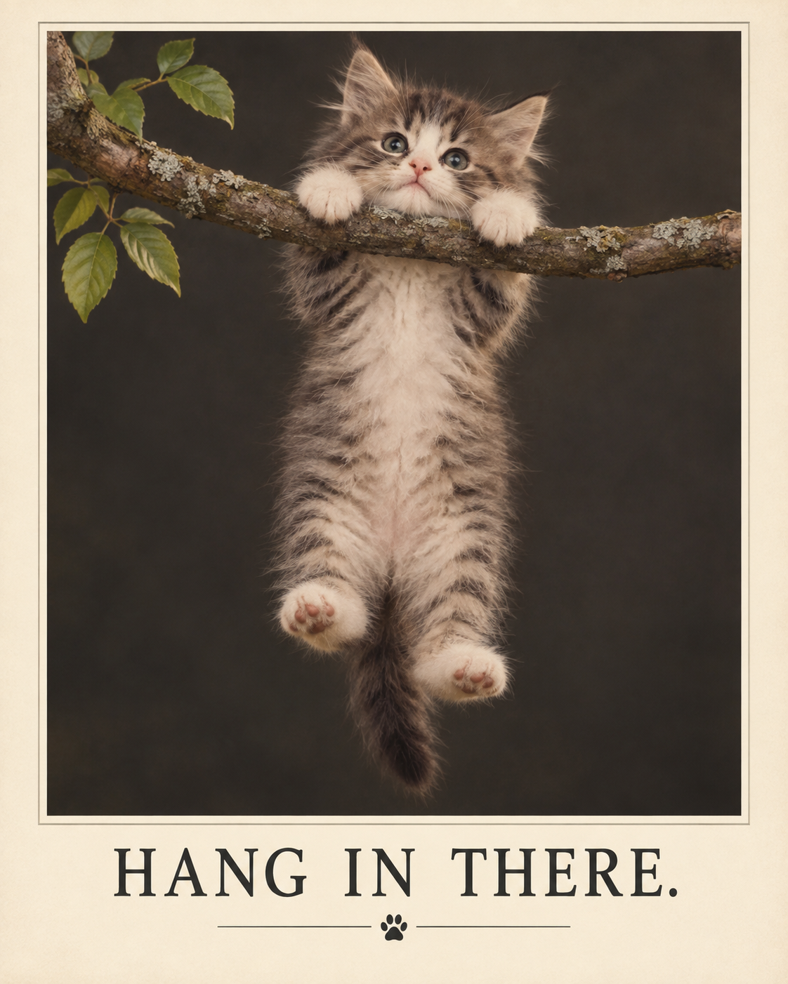 A 90s inspirational poster of a kitten dangling from a tree branch — Hang in there.