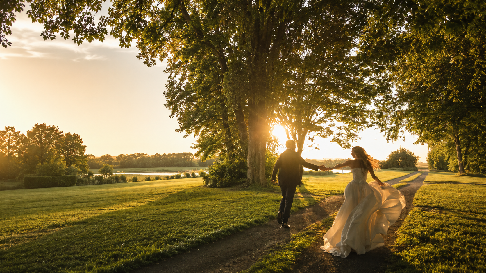 A bride and groom walking together toward a golden-lit tree at golden hour