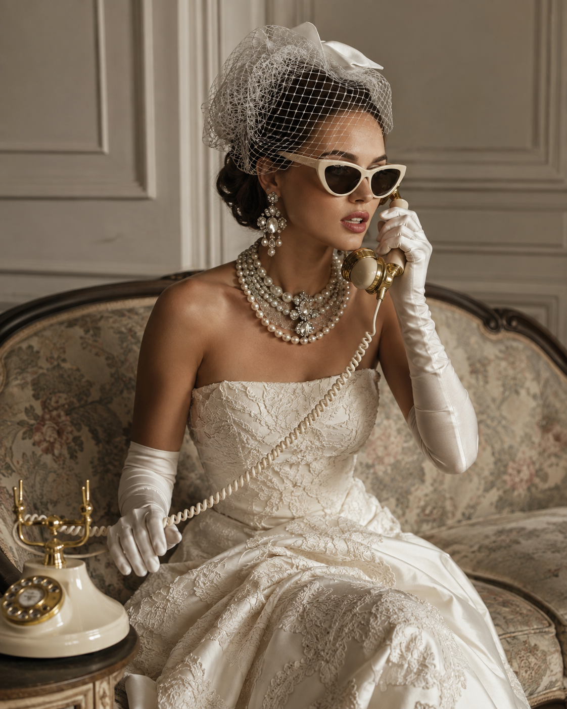 A vintage bride in a birdcage veil and cat-eye sunglasses, taking a call on a rotary telephone — Ask Hannah, a direct line to Hannah