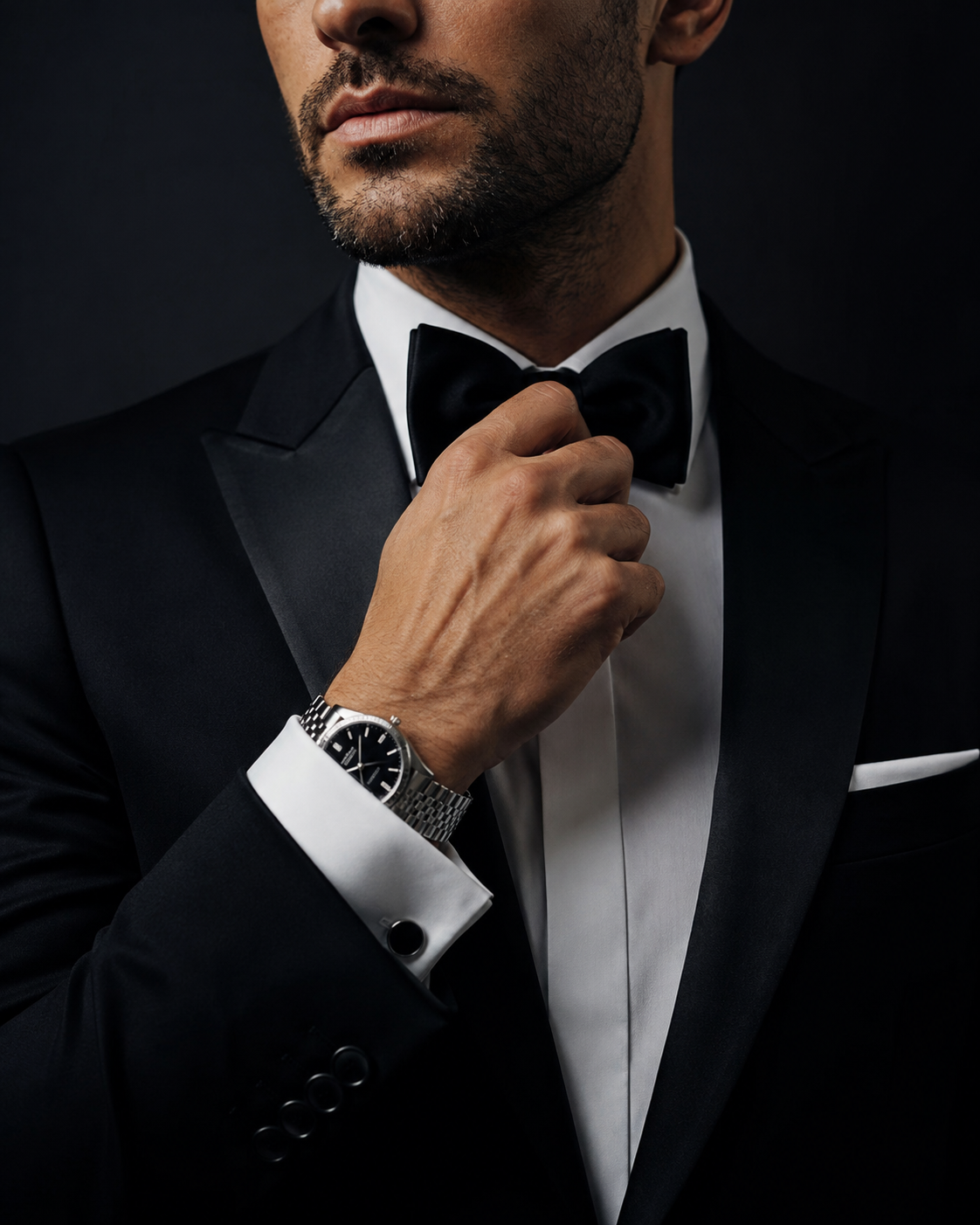A groom in a black tuxedo adjusting his bowtie, with a watch visible at his wrist