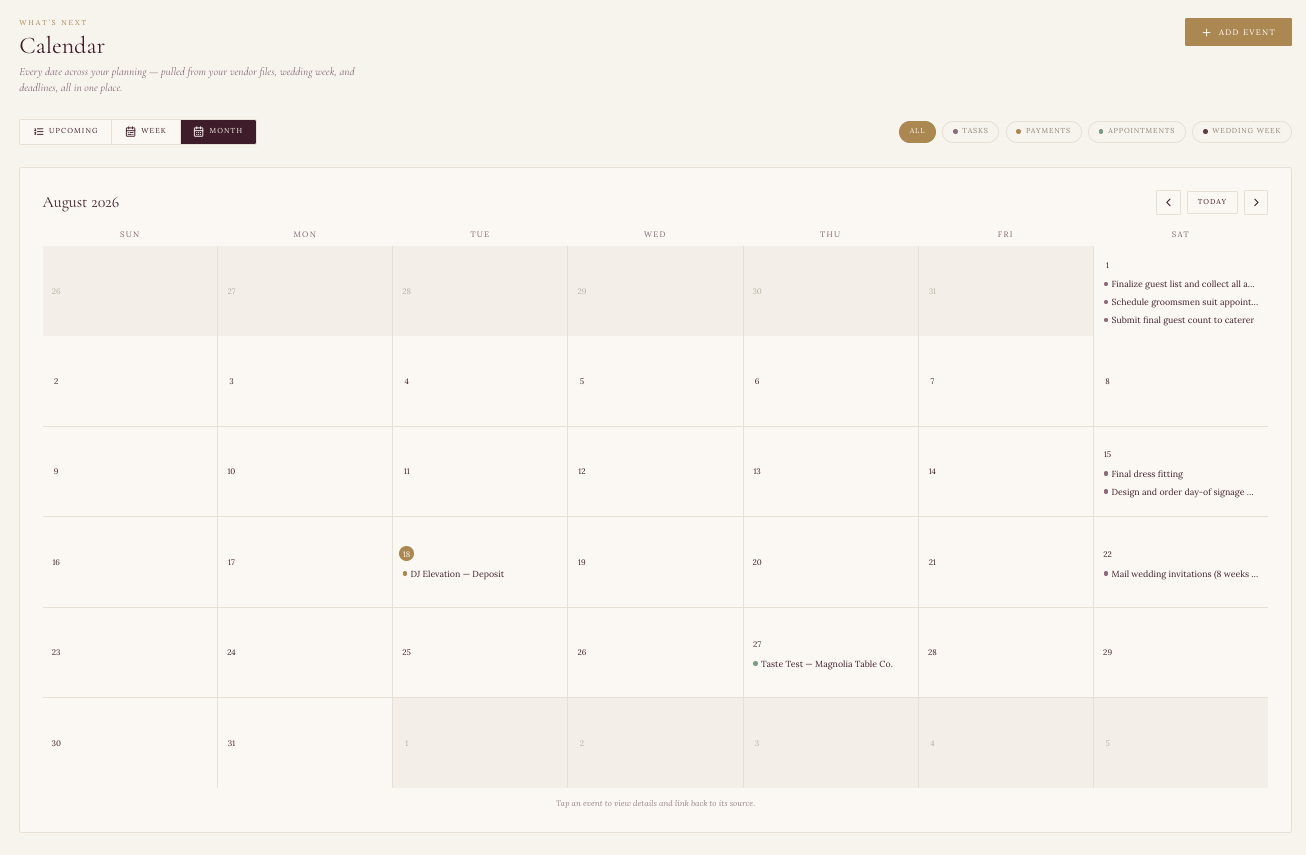 Planning calendar inside the Hannah's Ever Afters planning dashboard