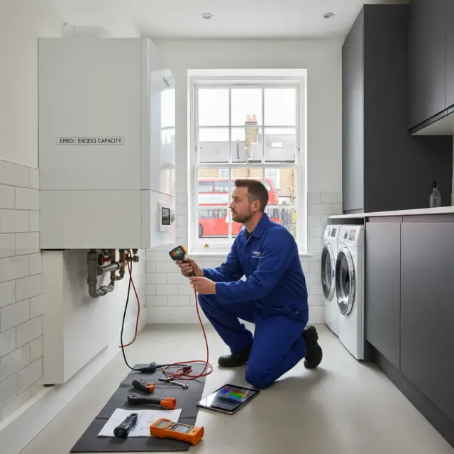 RARE Plumbing London engineer assessing an oversized boiler in a luxury London property — sizing problems and solutions