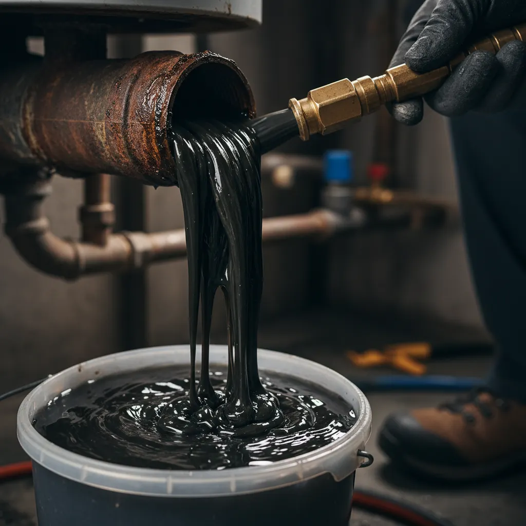 Heating system sludge — RARE Plumbing London RARE Plumbing London engineer flushing heating system sludge from radiators in a luxury London property