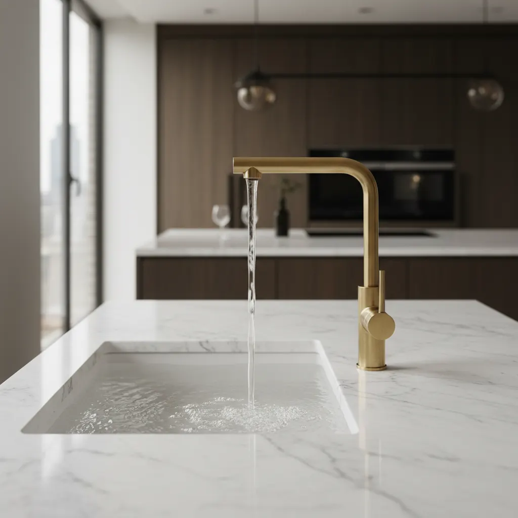 Pure mineralised drinking water from a luxury kitchen tap fitted with a BWT water softener by RARE Plumbing London