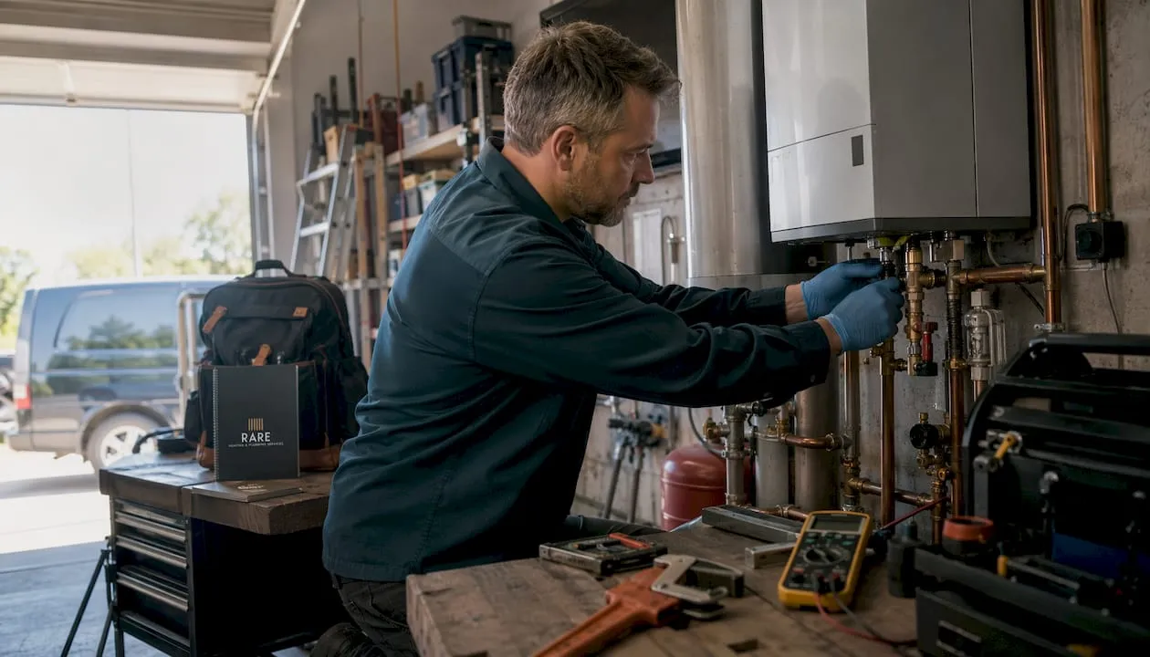 Technician hands replacing boiler component