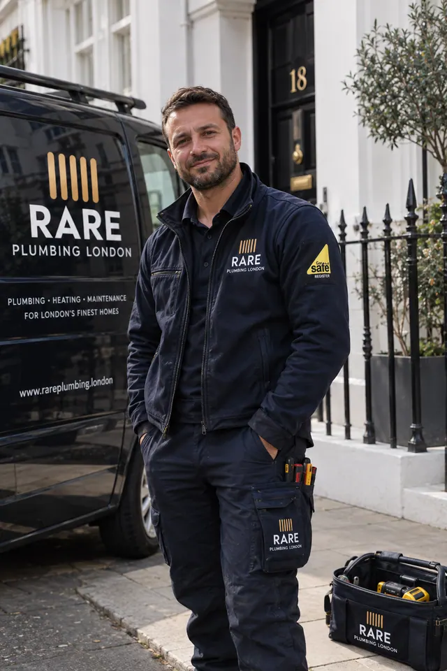 RARE Plumbing London gas safe engineer beside a branded RARE van outside a London home — premium plumbing and heating service