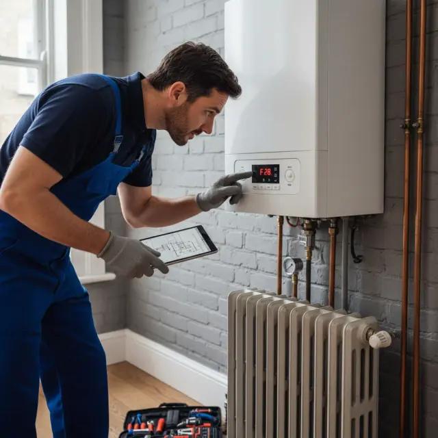 RARE Plumbing London Gas Safe engineer diagnosing a Vaillant F75 fault code in a luxury London property