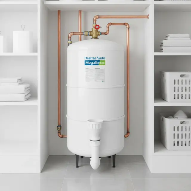 Megaflo unvented cylinder repairs — RARE Plumbing London RARE Plumbing London G3-qualified engineer servicing a Heatrae Sadia Megaflo unvented hot water cylinder in a luxury London home
