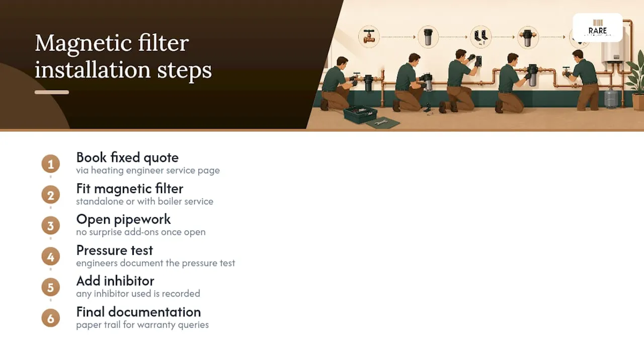 Step-by-step magnetic filter installation infographic