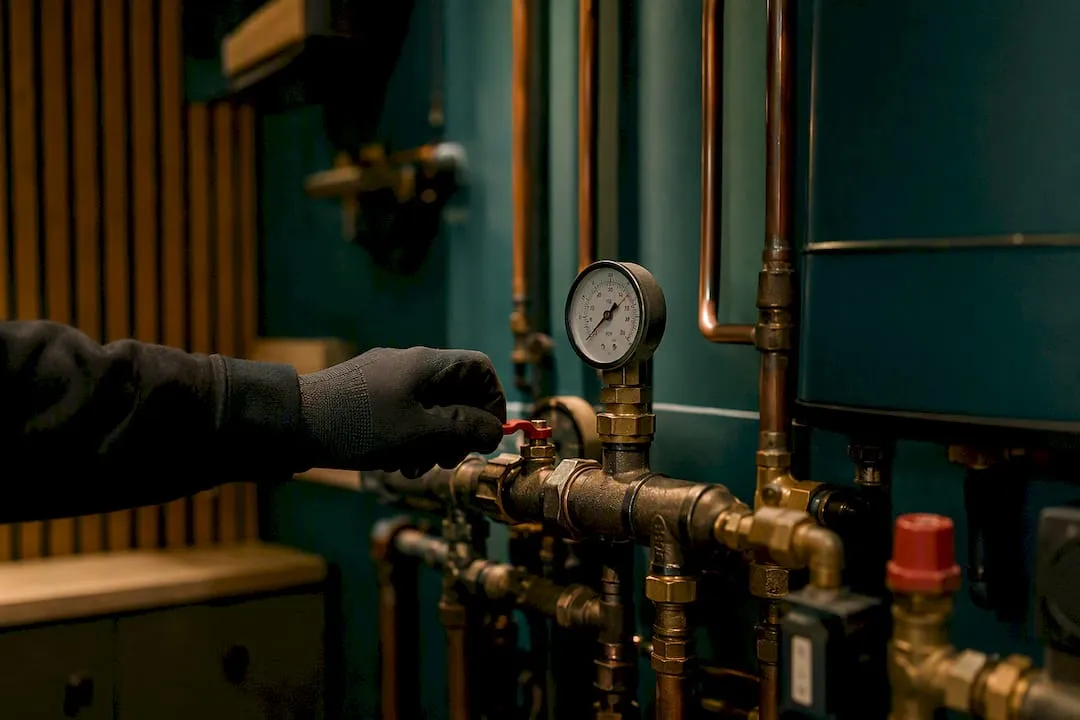 Technician adjusting valve near pressure gauge