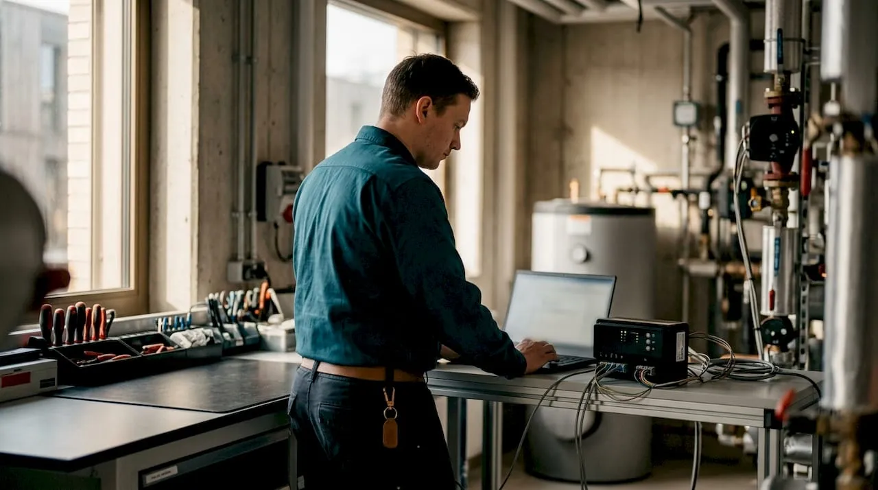 Engineer adjusting heating equipment controller