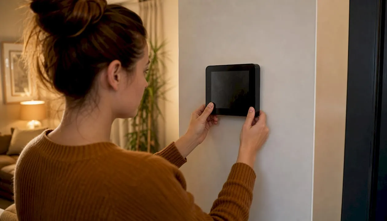 Hands operating smart office heating control touchscreen