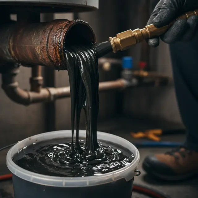 Heating system sludge — RARE Plumbing London RARE Plumbing London engineer flushing heating system sludge from radiators in a luxury London property