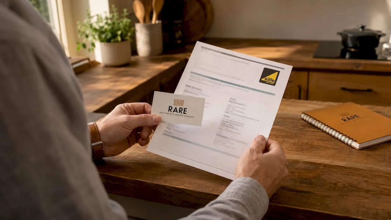 Hands reviewing plumbing contractor credentials