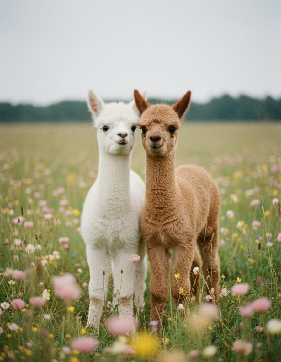 To søde alpacabørn der står sammen i en blomstereng