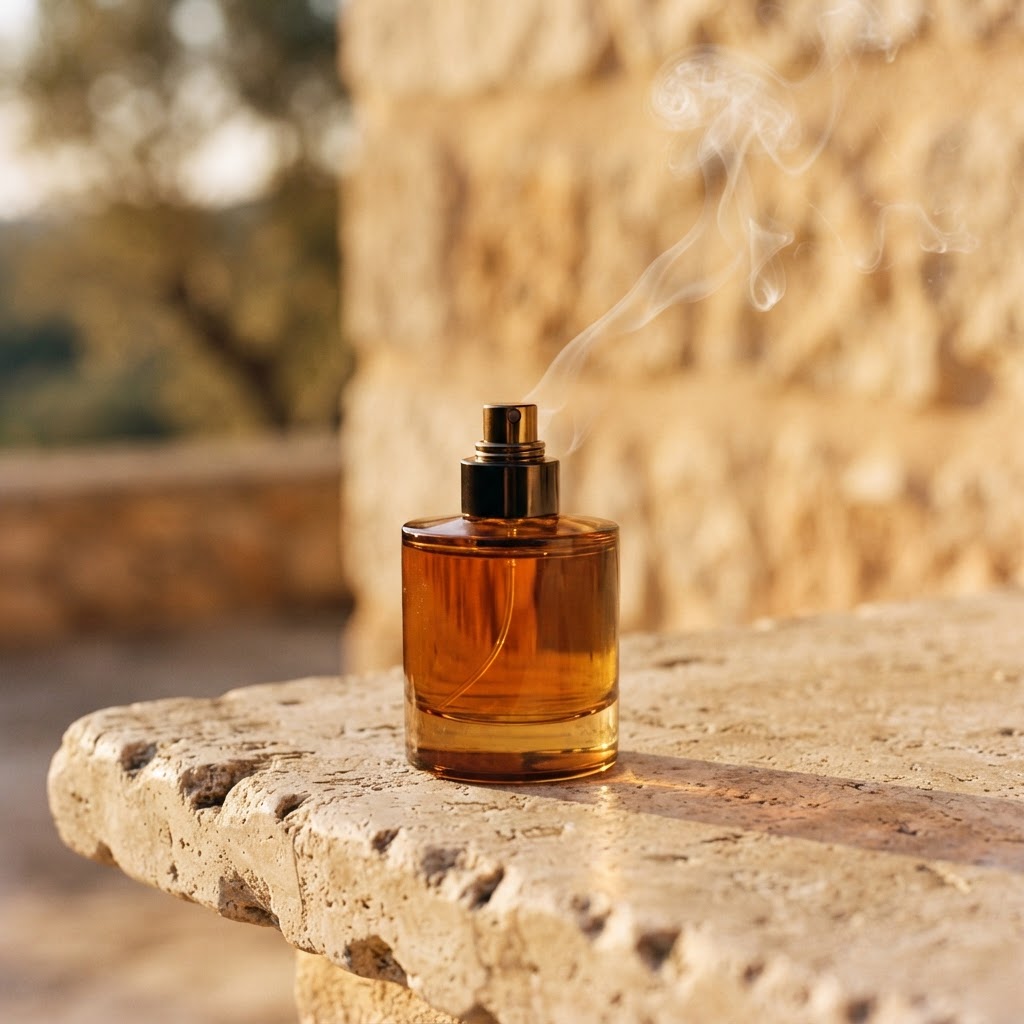 Signature fragrance — unbranded amber glass on travertine
