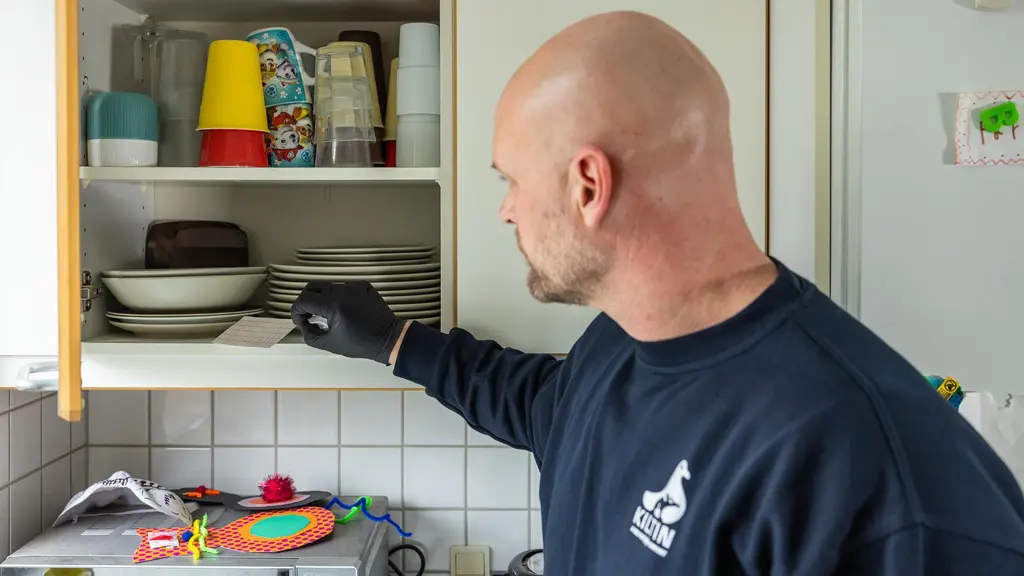 En medarbejder lægger et stykke papir i et skab fyldt med service
