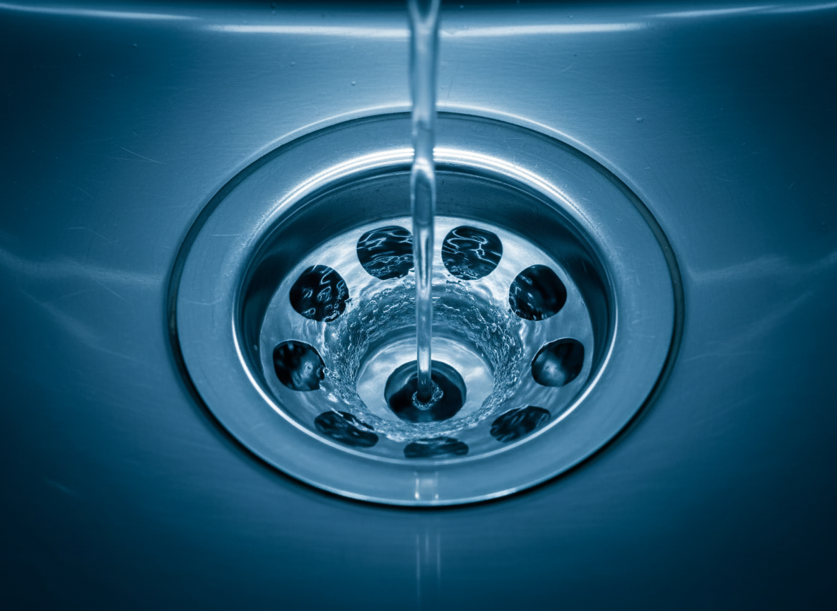 Clear water spiraling into a polished stainless steel drain