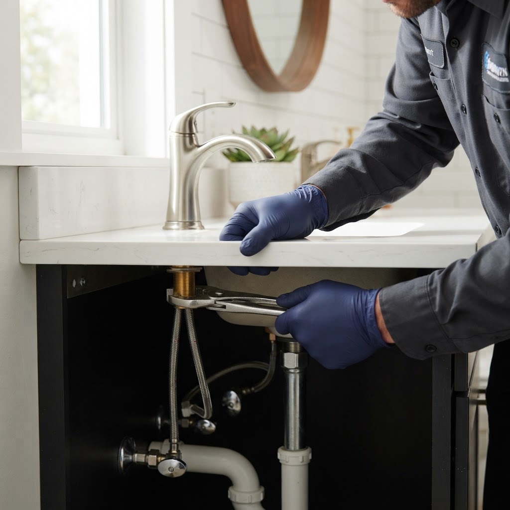 Installing a new brushed-nickel bathroom faucet on a quartz vanity