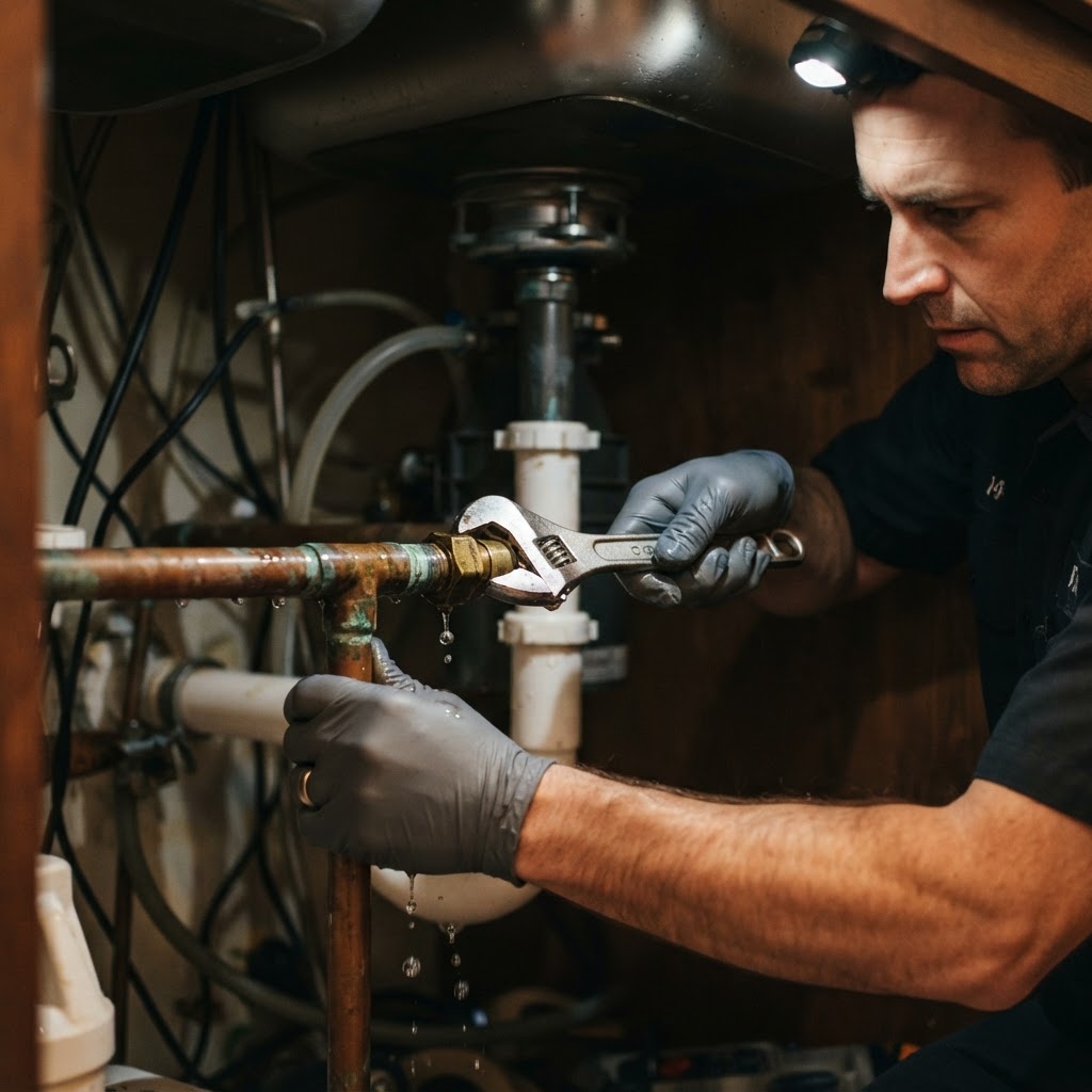 Professional gloved hand tightening a copper pipe joint during leak repair