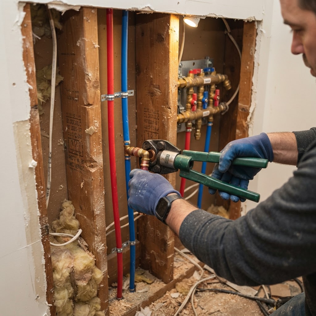 PEX repipe in progress inside an open wall cavity