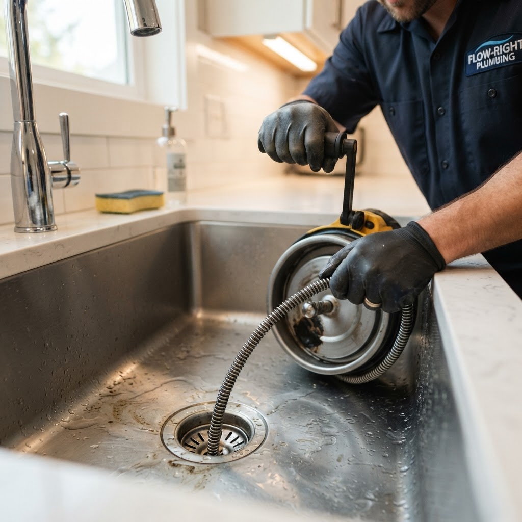 Clearing a stubborn kitchen sink clog with a drain auger