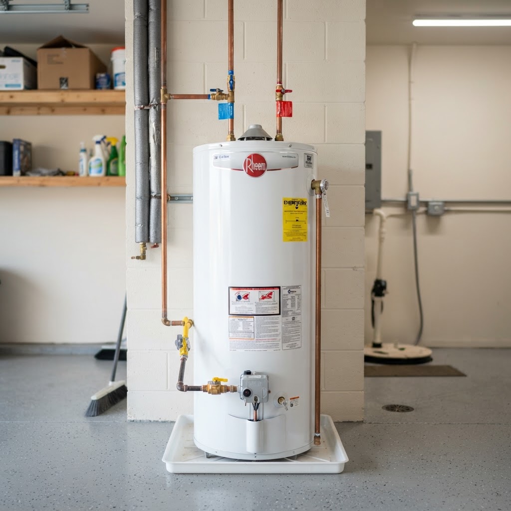 Traditional tank-style residential water heater in a utility room