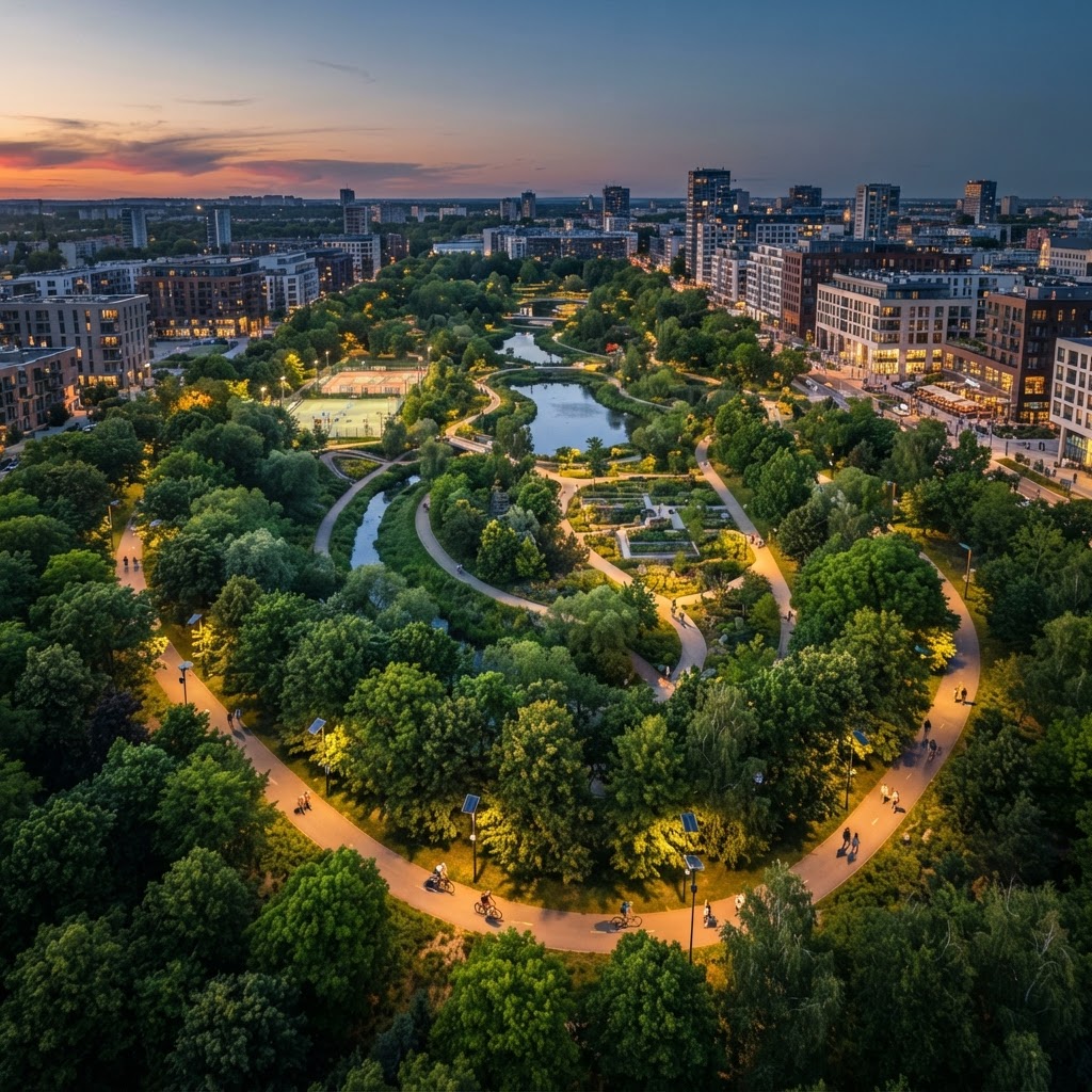 Parque urbano inteligente con tecnología sostenible al atardecer
