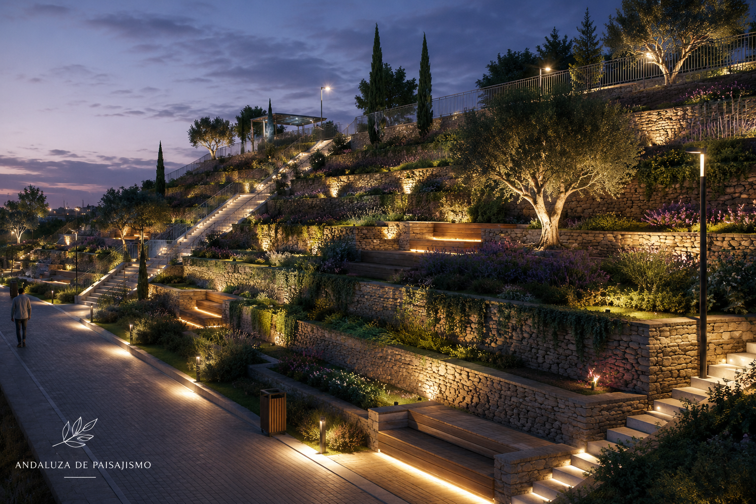 Jardín en terrazas iluminado