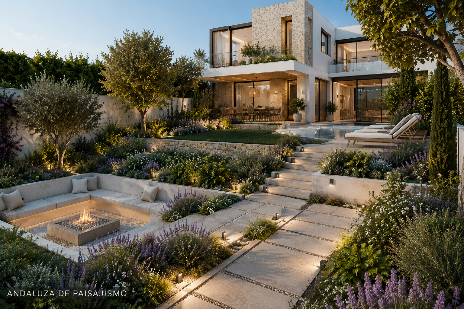 Residencia con jardín en terrazas al anochecer