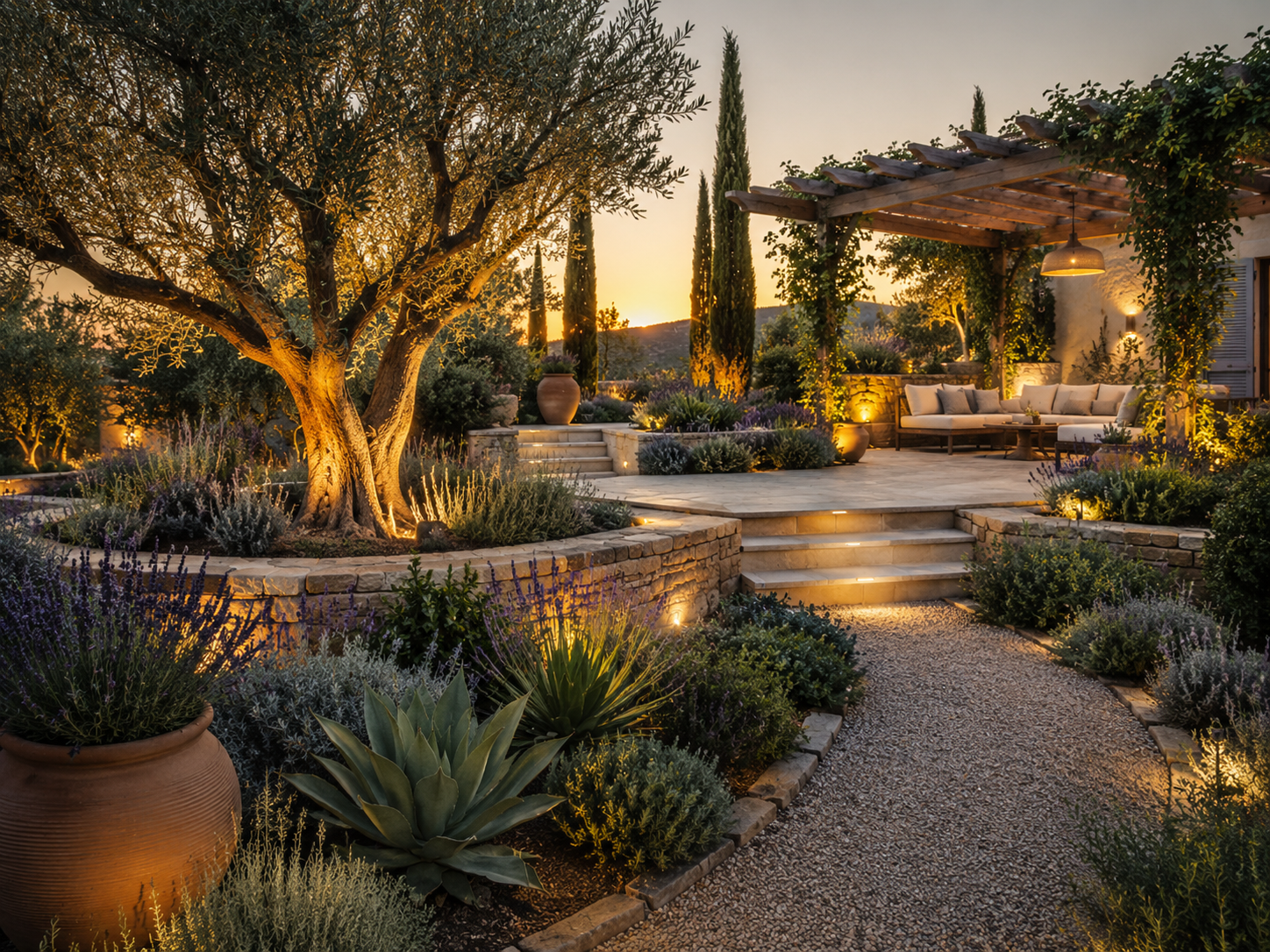 Jardín Mediterráneo al atardecer
