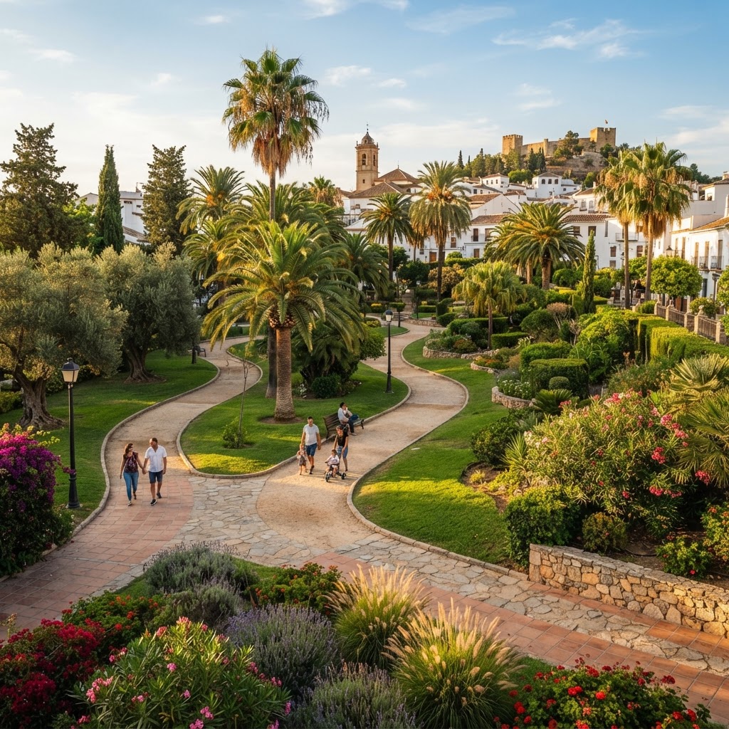 Parque público mediterráneo con senderos y vegetación
