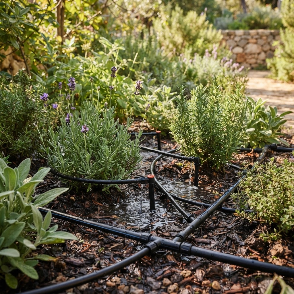 Sistema de riego por goteo en jardín mediterráneo
