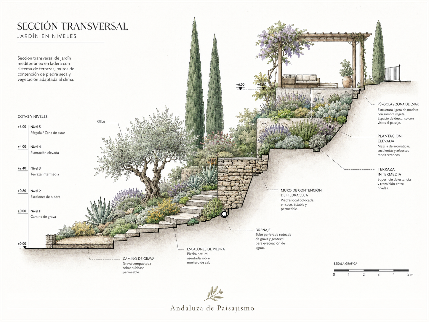 Sección transversal jardín en niveles