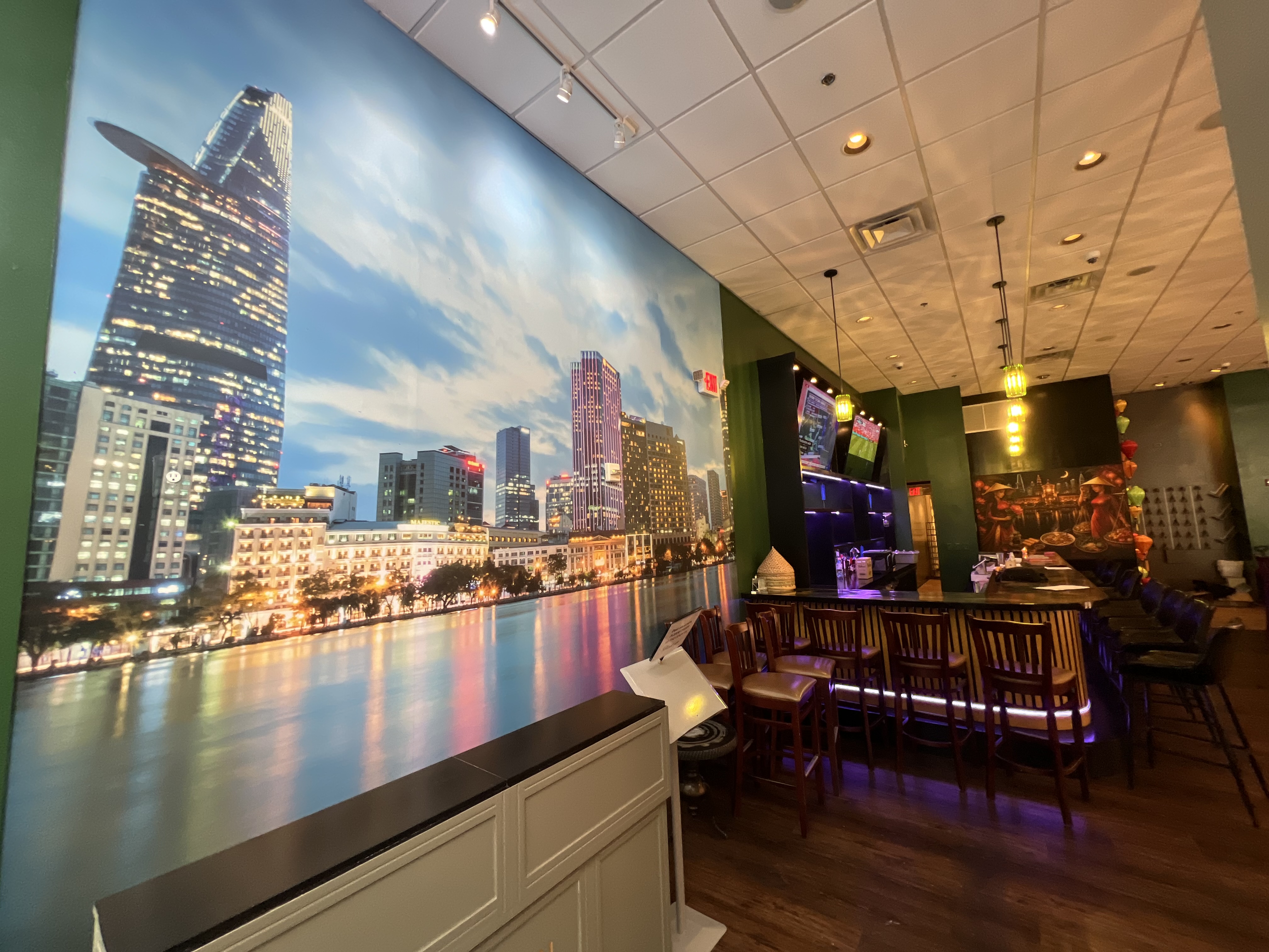 Vietnamese restaurant interior with warm lighting
