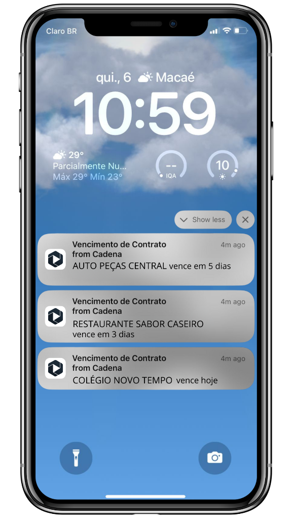 Notificações de vencimento de contrato via Cadena no celular