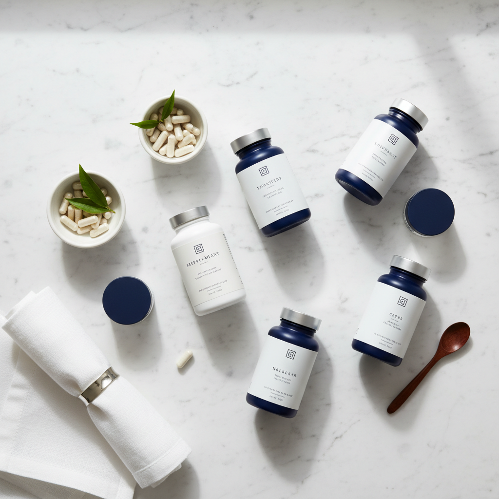 Premium supplement product lineup on marble surface