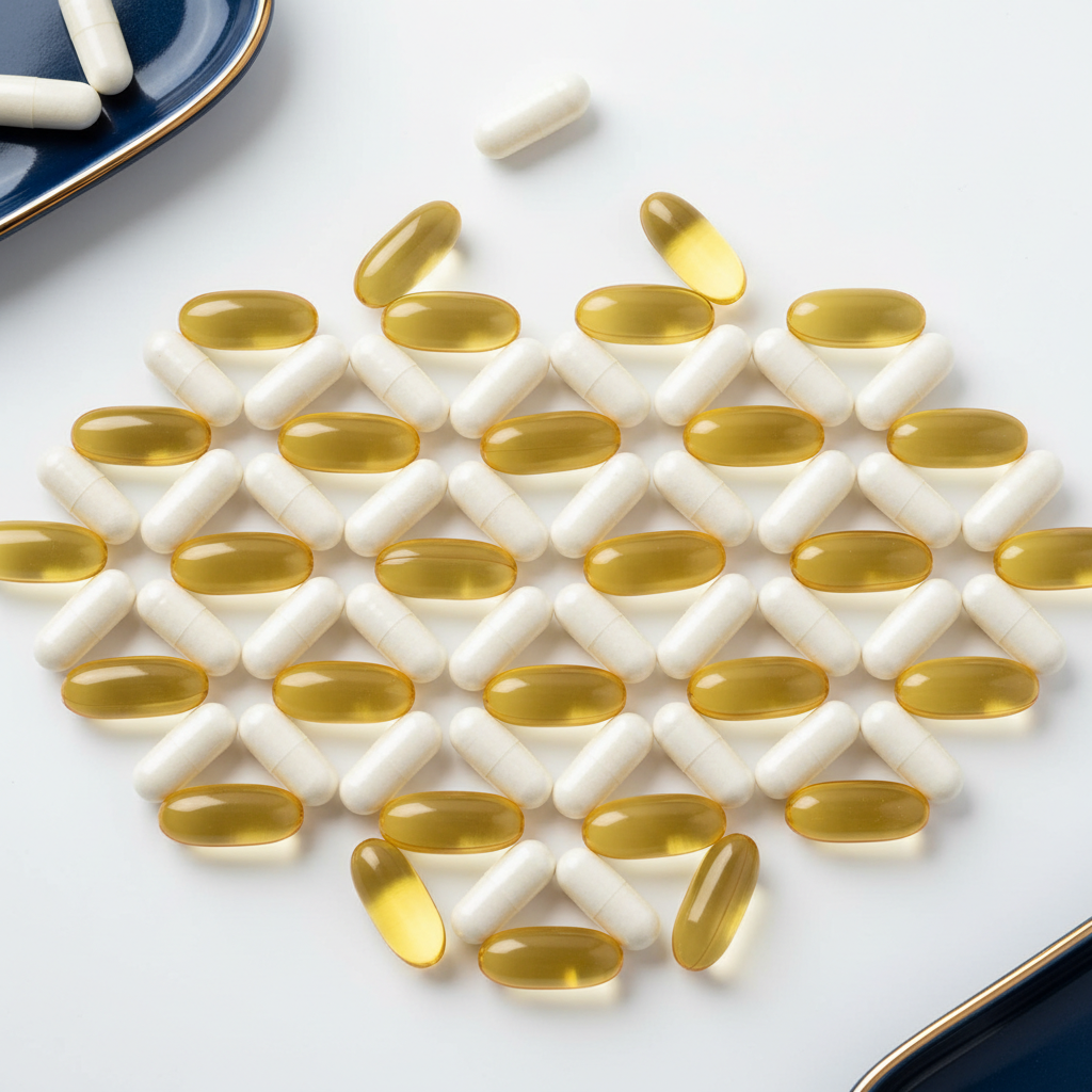 Premium supplement capsules arranged cleanly