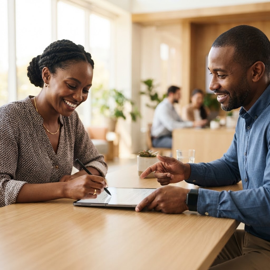 Professional loan officer assisting a happy customer at Nano Lenders Limited