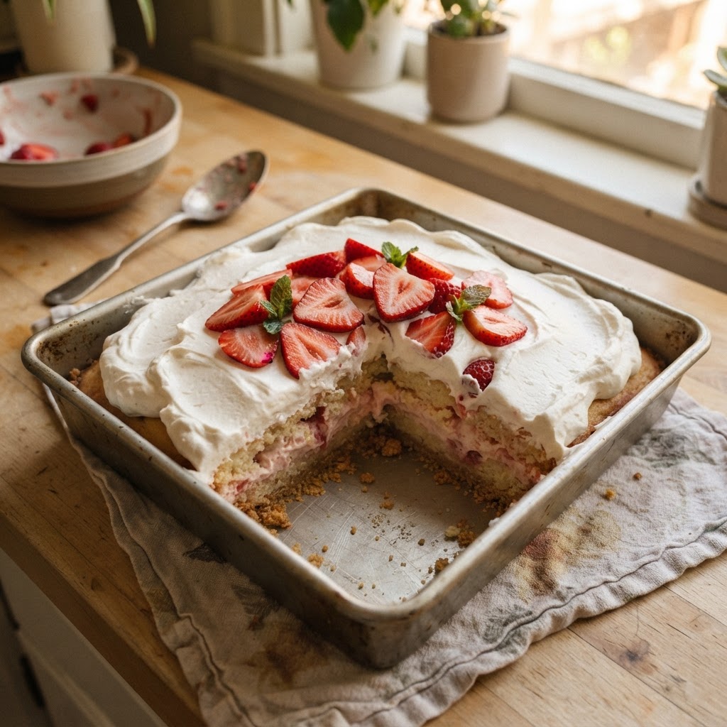 Strawberry Cheesecake Poke Cake finished dish