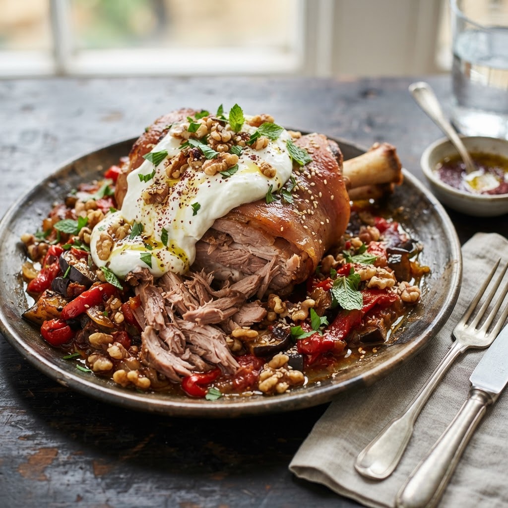 Slow-Cooked Pork Knuckle with Harissa and Peppers finished dish