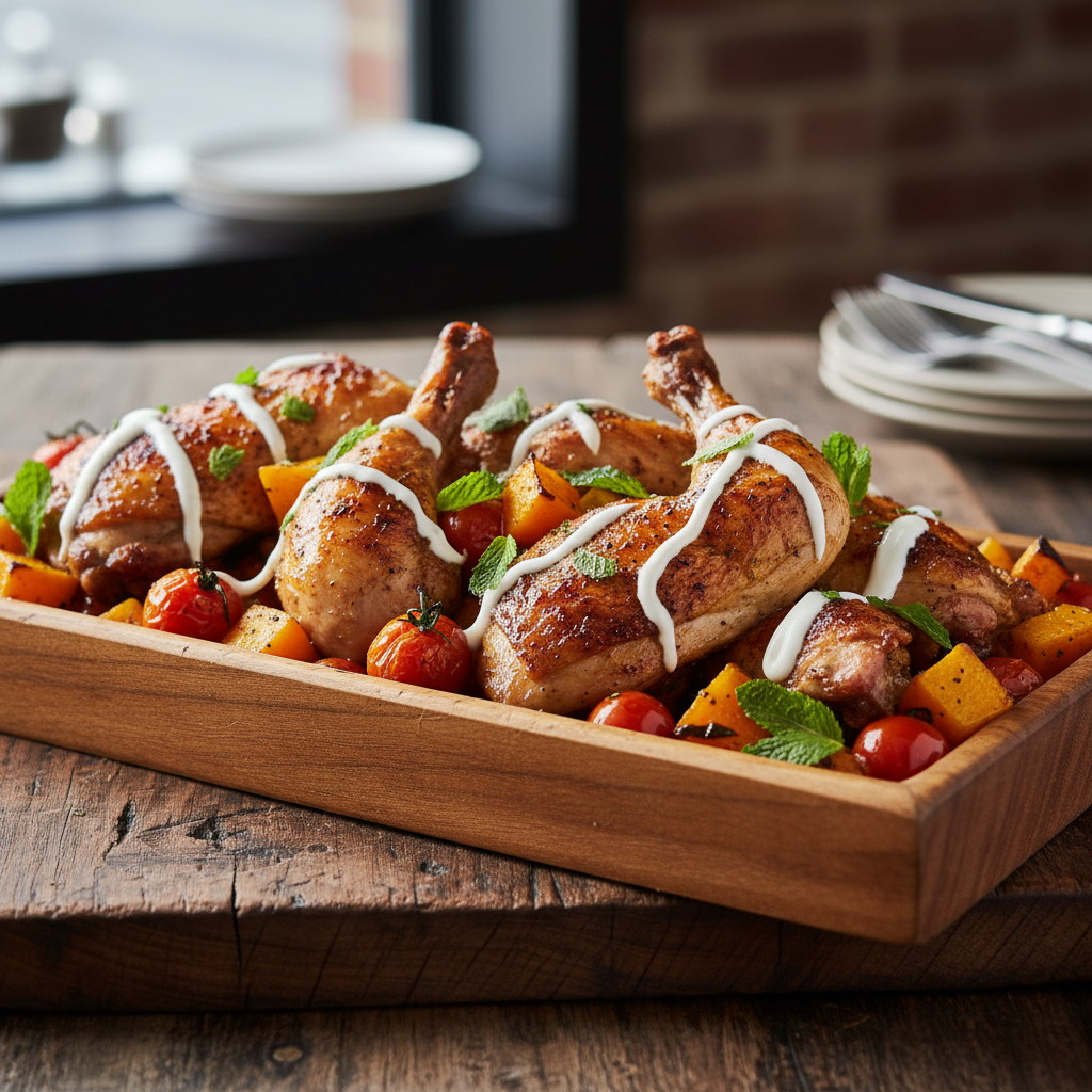 Chicken with Butternut Squash, Cherry Tomatoes & Minty Yoghurt finished dish