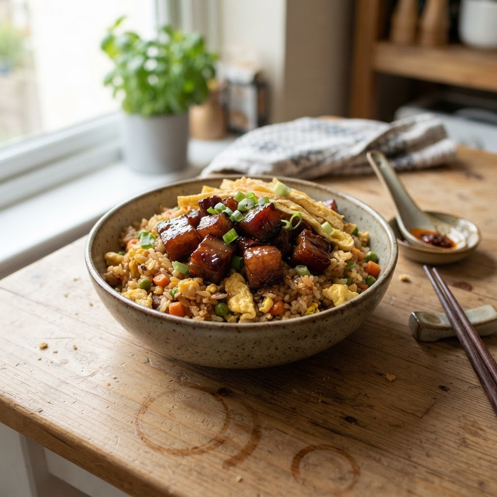 Five-Spice Pork Belly with Egg-Fried Rice finished dish