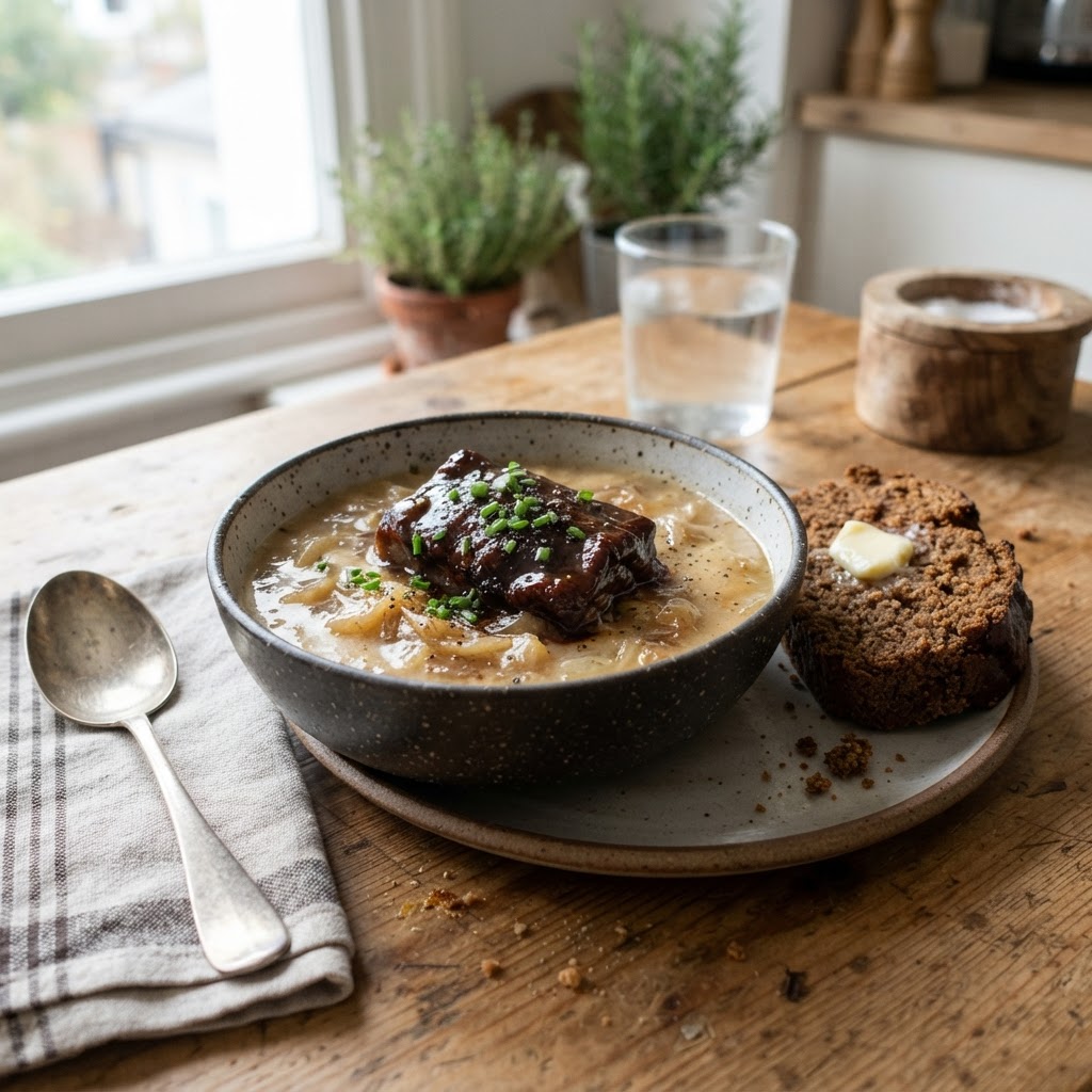 Braised Pork Cheek with Onion Soup and Soda Bread finished dish