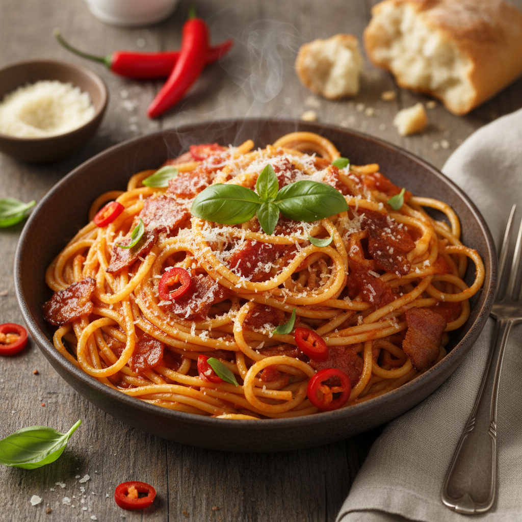 Pasta with Chilli Bacon & Tomato Sauce finished dish